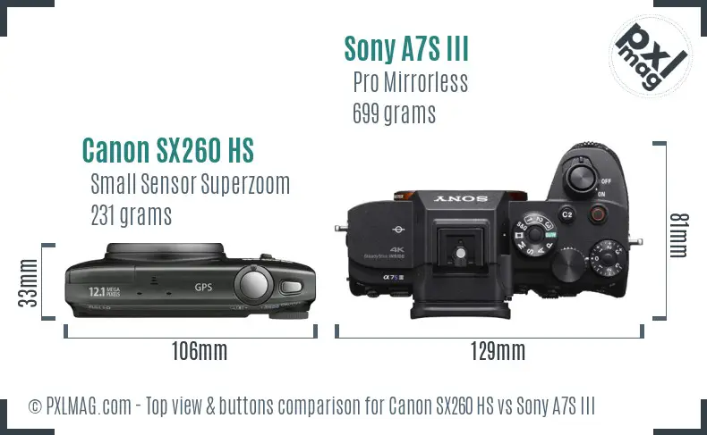 Canon SX260 HS vs Sony A7S III top view buttons comparison