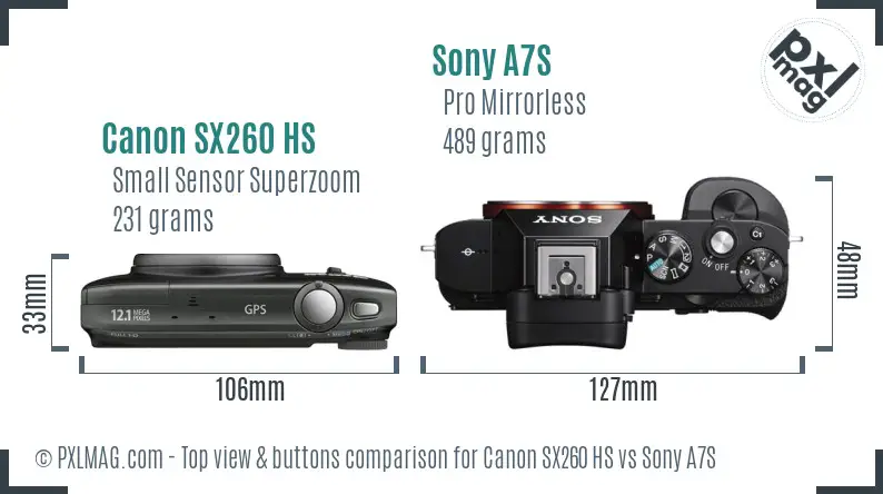 Canon SX260 HS vs Sony A7S top view buttons comparison Canon SX260 HS vs Sony A7S top view buttons comparison