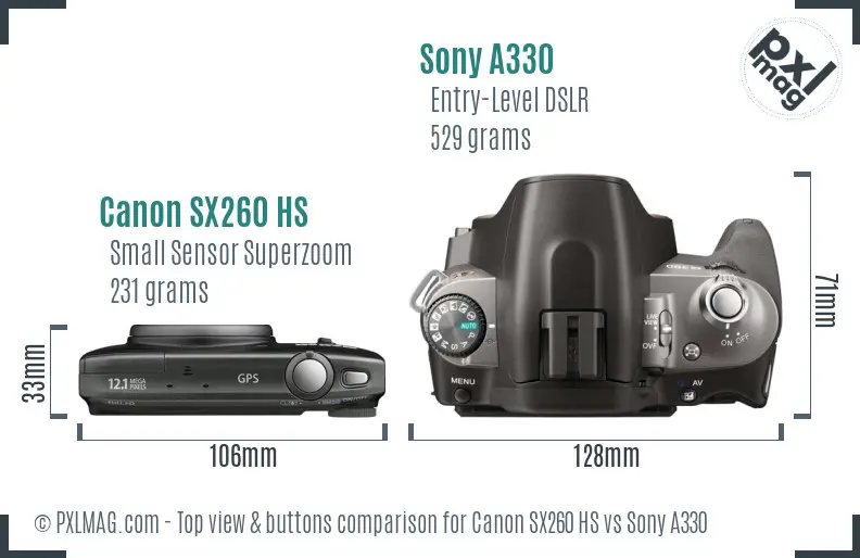 Canon SX260 HS vs Sony A330 top view buttons comparison Canon SX260 HS vs Sony A330 top view buttons comparison