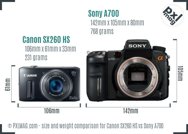 Canon SX260 HS vs Sony A700 size comparison