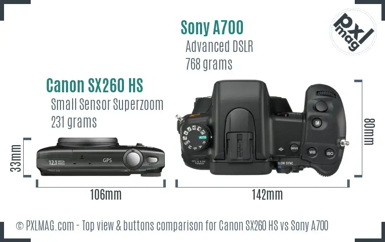 Canon SX260 HS vs Sony A700 top view buttons comparison