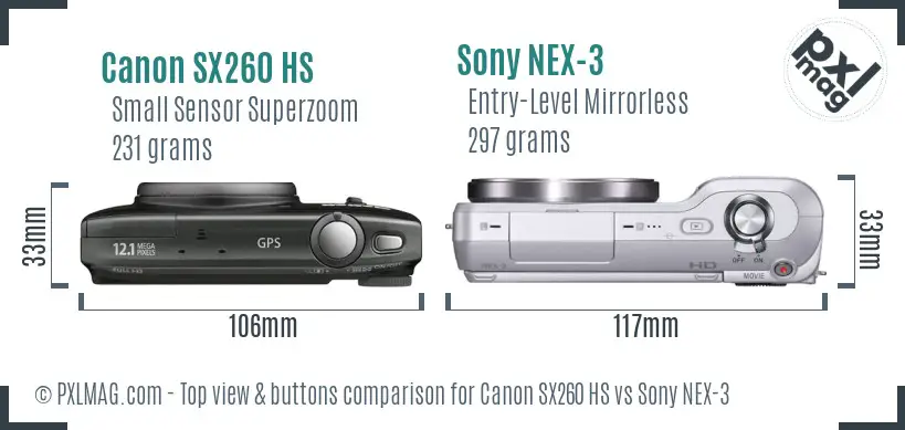 Canon SX260 HS vs Sony NEX-3 top view buttons comparison Canon SX260 HS vs Sony NEX-3 top view buttons comparison