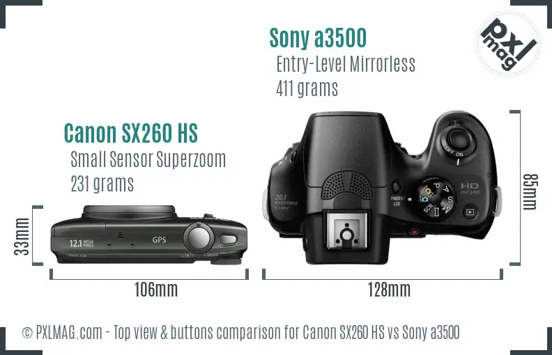 Canon SX260 HS vs Sony a3500 top view buttons comparison Canon SX260 HS vs Sony a3500 top view buttons comparison