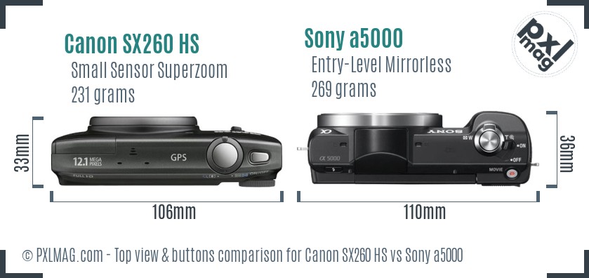 Canon SX260 HS vs Sony a5000 top view buttons comparison