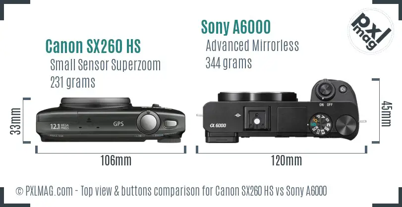Canon SX260 HS vs Sony A6000 top view buttons comparison Canon SX260 HS vs Sony A6000 top view buttons comparison