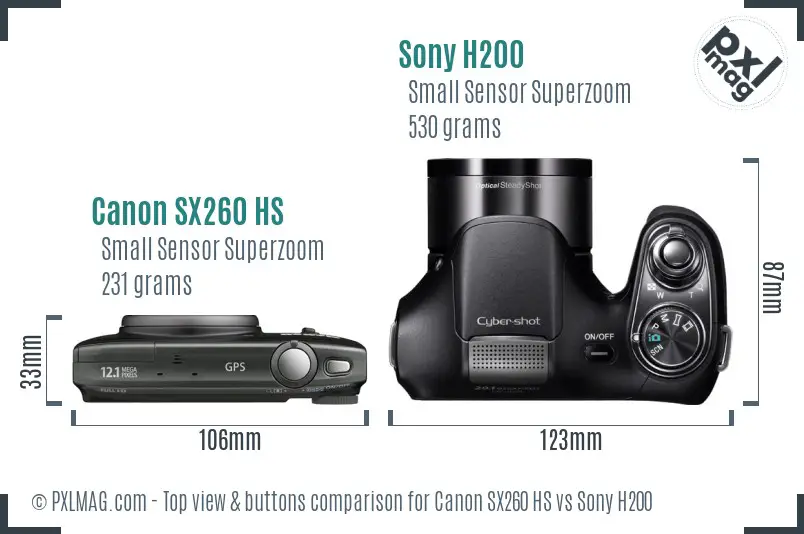 Canon SX260 HS vs Sony H200 top view buttons comparison Canon SX260 HS vs Sony H200 top view buttons comparison