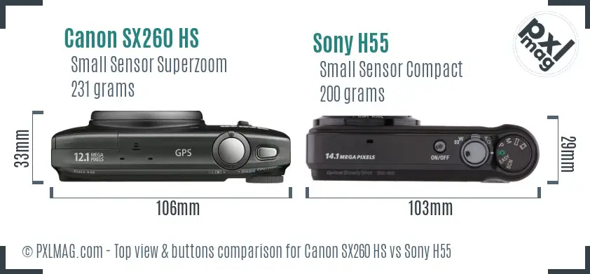 Canon SX260 HS vs Sony H55 top view buttons comparison