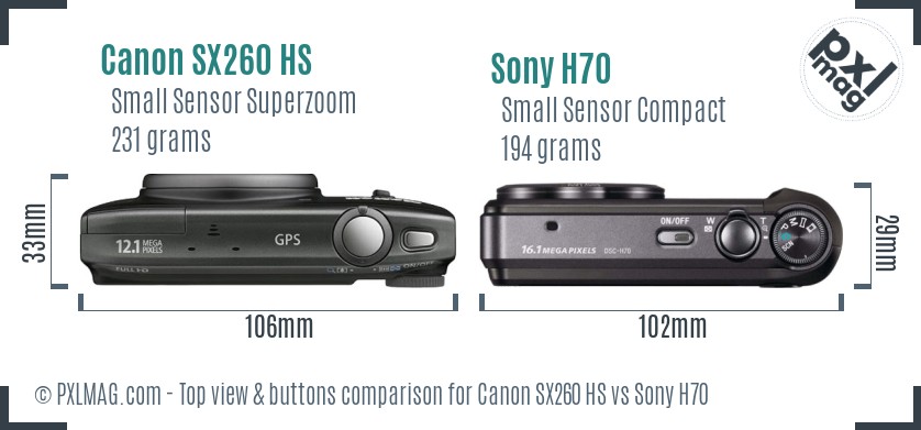 Canon SX260 HS vs Sony H70 top view buttons comparison