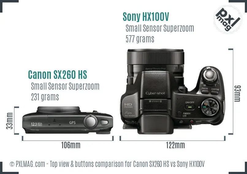 Canon SX260 HS vs Sony HX100V top view buttons comparison Canon SX260 HS vs Sony HX100V top view buttons comparison