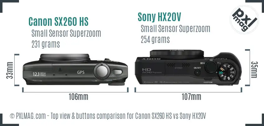 Canon SX260 HS vs Sony HX20V top view buttons comparison
