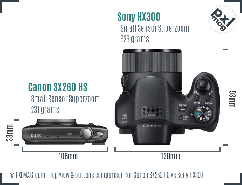 Canon SX260 HS vs Sony HX300 top view buttons comparison