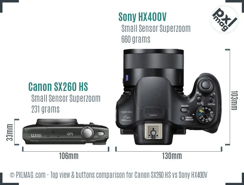 Canon SX260 HS vs Sony HX400V top view buttons comparison Canon SX260 HS vs Sony HX400V top view buttons comparison