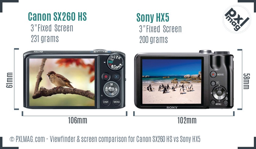 Canon SX260 HS vs Sony HX5 Screen and Viewfinder comparison