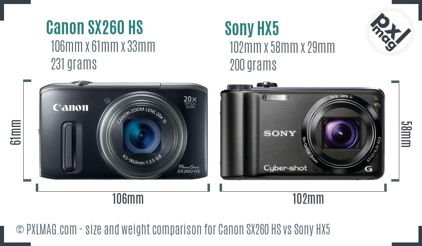 Canon SX260 HS vs Sony HX5 size comparison