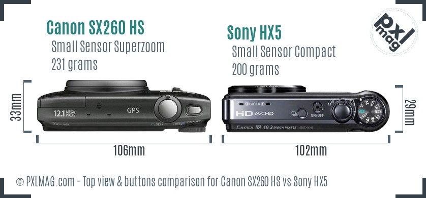 Canon SX260 HS vs Sony HX5 top view buttons comparison