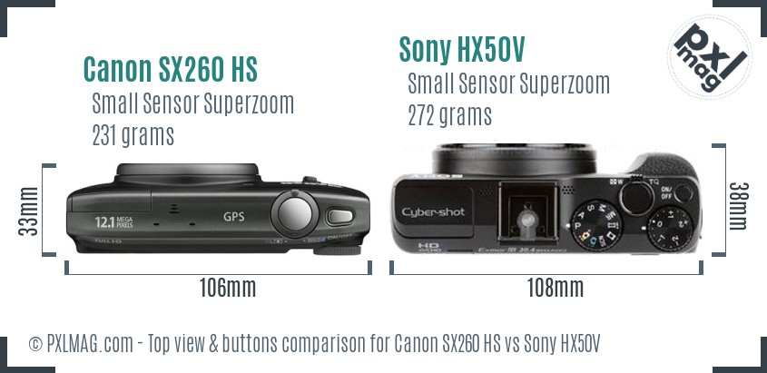 Canon SX260 HS vs Sony HX50V top view buttons comparison