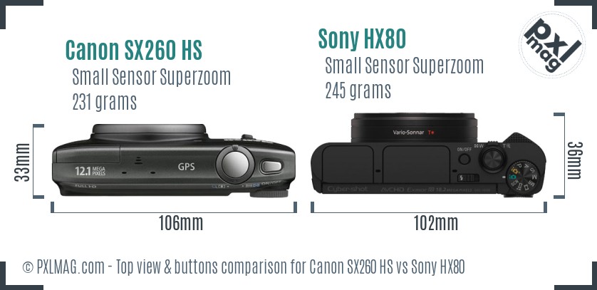 Canon SX260 HS vs Sony HX80 top view buttons comparison