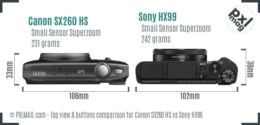 Canon SX260 HS vs Sony HX99 top view buttons comparison