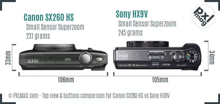 Canon SX260 HS vs Sony HX9V top view buttons comparison