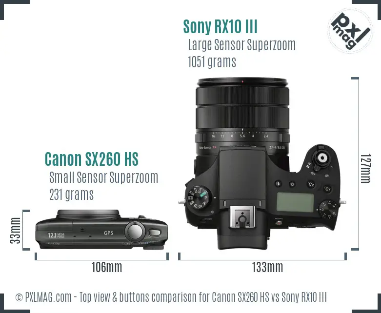 Canon SX260 HS vs Sony RX10 III top view buttons comparison Canon SX260 HS vs Sony RX10 III top view buttons comparison