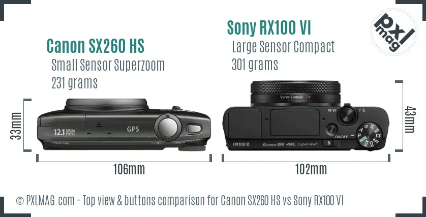 Canon SX260 HS vs Sony RX100 VI top view buttons comparison