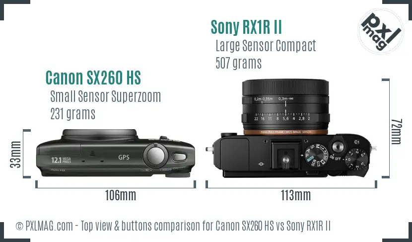Canon SX260 HS vs Sony RX1R II top view buttons comparison