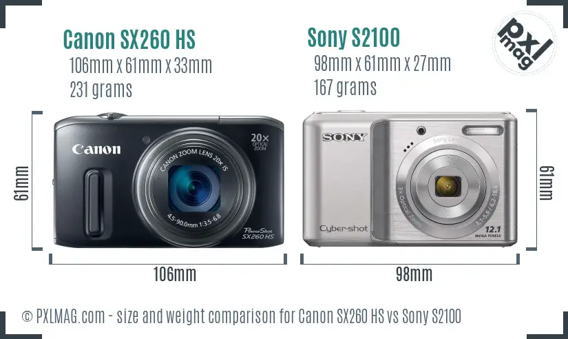 Canon SX260 HS vs Sony S2100 size comparison