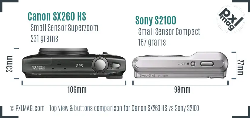 Canon SX260 HS vs Sony S2100 top view buttons comparison