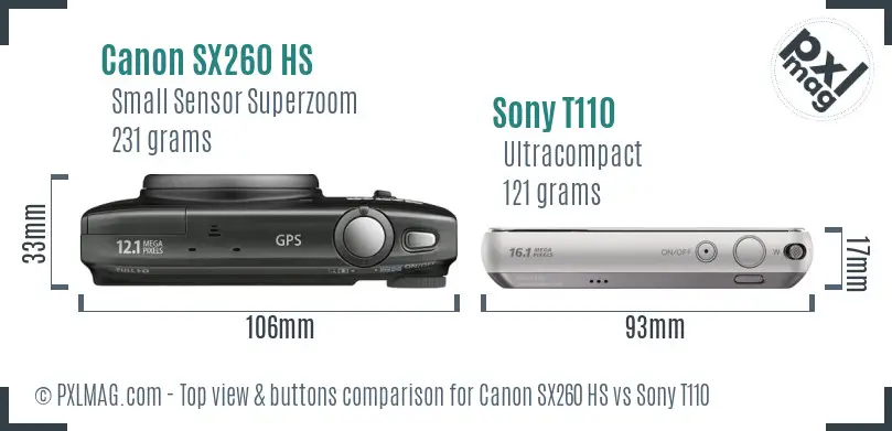 Canon SX260 HS vs Sony T110 top view buttons comparison