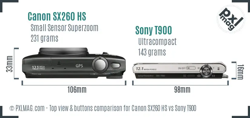 Canon SX260 HS vs Sony T900 top view buttons comparison Canon SX260 HS vs Sony T900 top view buttons comparison
