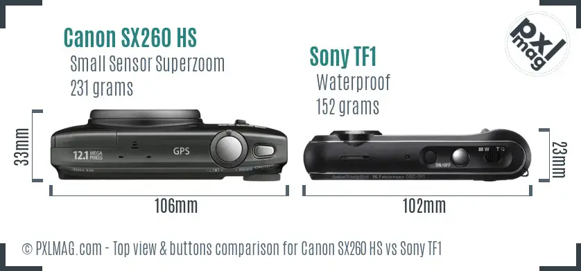 Canon SX260 HS vs Sony TF1 top view buttons comparison Canon SX260 HS vs Sony TF1 top view buttons comparison
