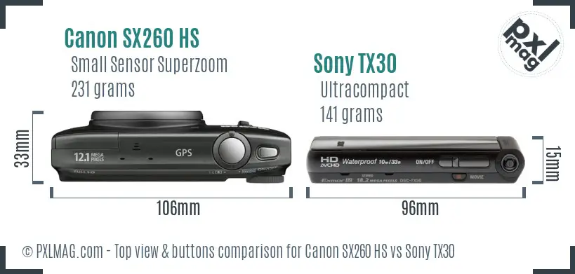 Canon SX260 HS vs Sony TX30 top view buttons comparison Canon SX260 HS vs Sony TX30 top view buttons comparison