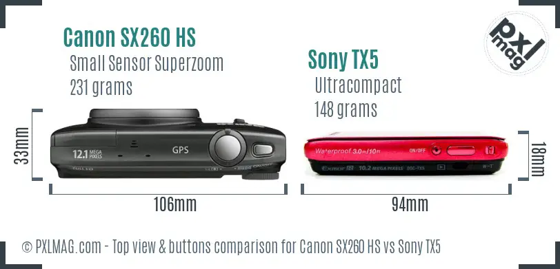 Canon SX260 HS vs Sony TX5 top view buttons comparison