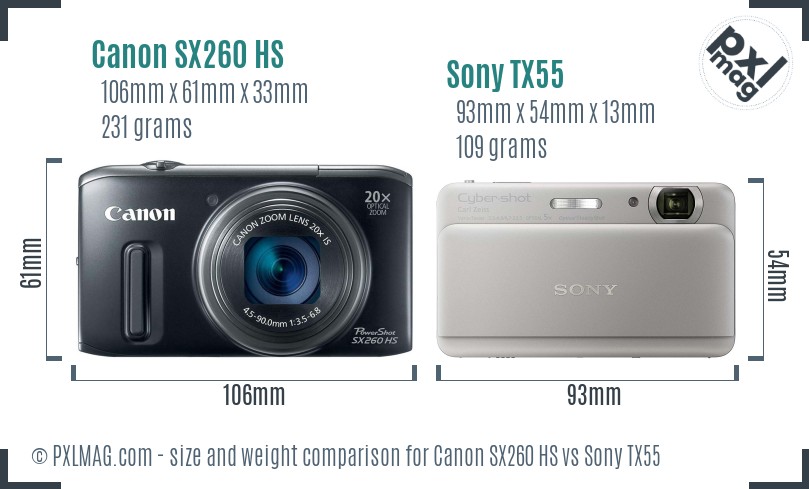 Canon SX260 HS vs Sony TX55 size comparison