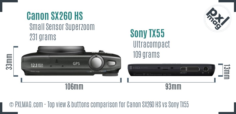 Canon SX260 HS vs Sony TX55 top view buttons comparison