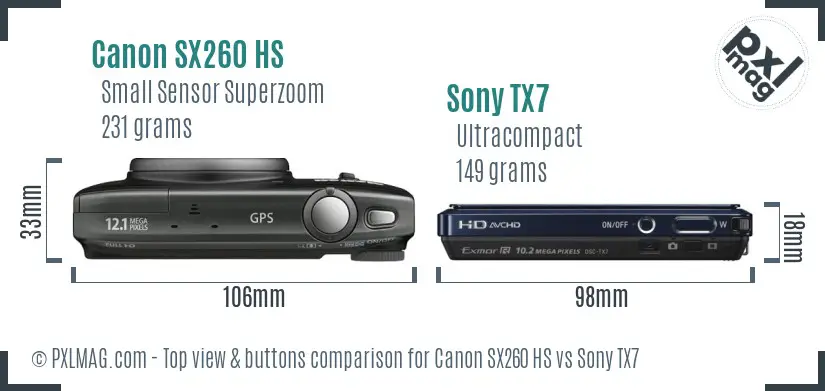Canon SX260 HS vs Sony TX7 top view buttons comparison Canon SX260 HS vs Sony TX7 top view buttons comparison