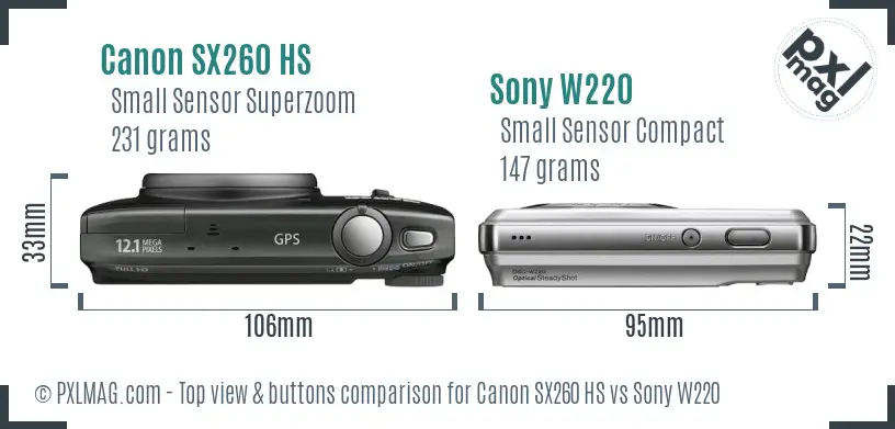 Canon SX260 HS vs Sony W220 top view buttons comparison