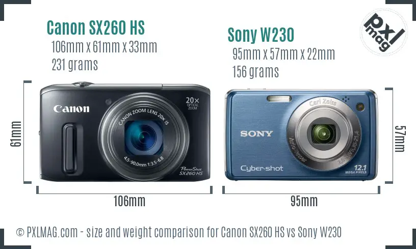 Canon SX260 HS vs Sony W230 size comparison