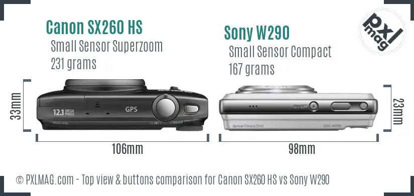 Canon SX260 HS vs Sony W290 top view buttons comparison Canon SX260 HS vs Sony W290 top view buttons comparison