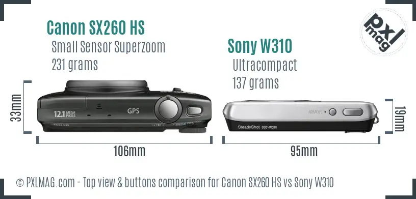 Canon SX260 HS vs Sony W310 top view buttons comparison