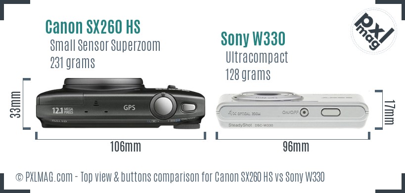 Canon SX260 HS vs Sony W330 top view buttons comparison