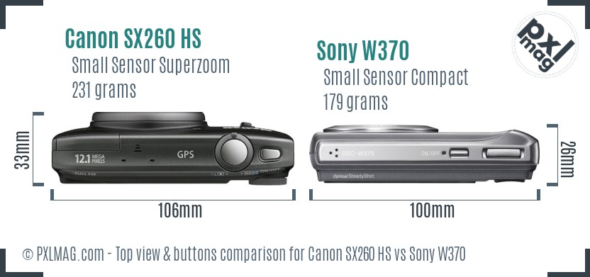 Canon SX260 HS vs Sony W370 top view buttons comparison