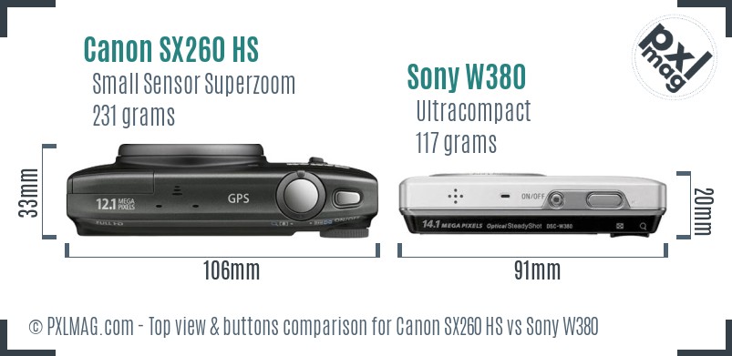Canon SX260 HS vs Sony W380 top view buttons comparison
