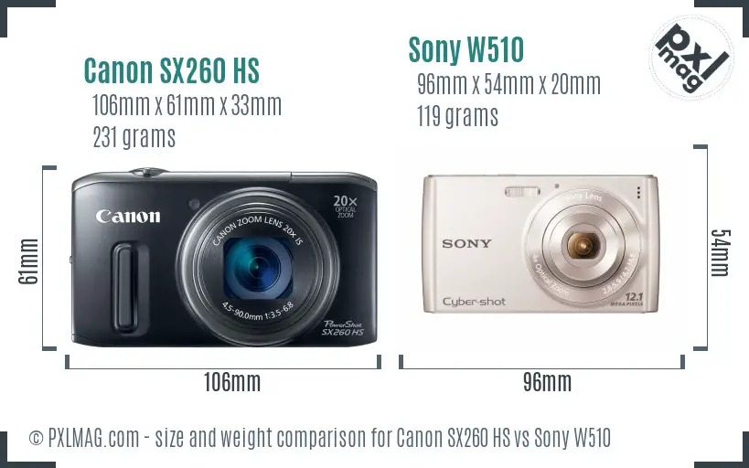 Canon SX260 HS vs Sony W510 size comparison