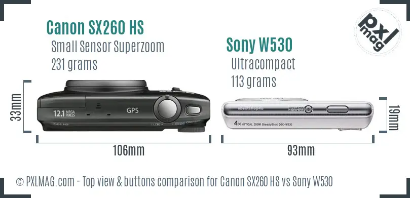 Canon SX260 HS vs Sony W530 top view buttons comparison Canon SX260 HS vs Sony W530 top view buttons comparison
