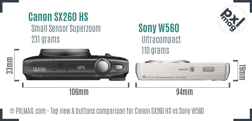 Canon SX260 HS vs Sony W560 top view buttons comparison