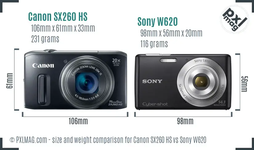 Canon SX260 HS vs Sony W620 size comparison