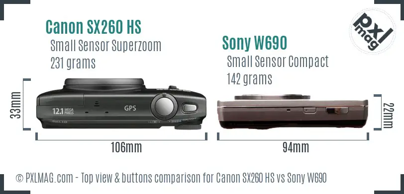 Canon SX260 HS vs Sony W690 top view buttons comparison Canon SX260 HS vs Sony W690 top view buttons comparison