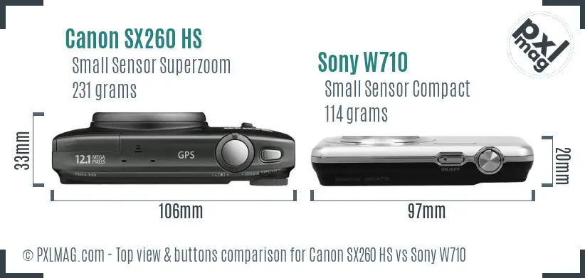 Canon SX260 HS vs Sony W710 top view buttons comparison Canon SX260 HS vs Sony W710 top view buttons comparison