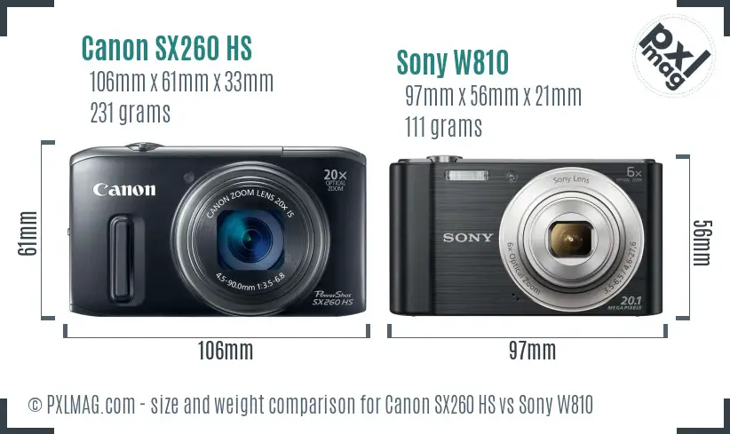 Canon SX260 HS vs Sony W810 size comparison